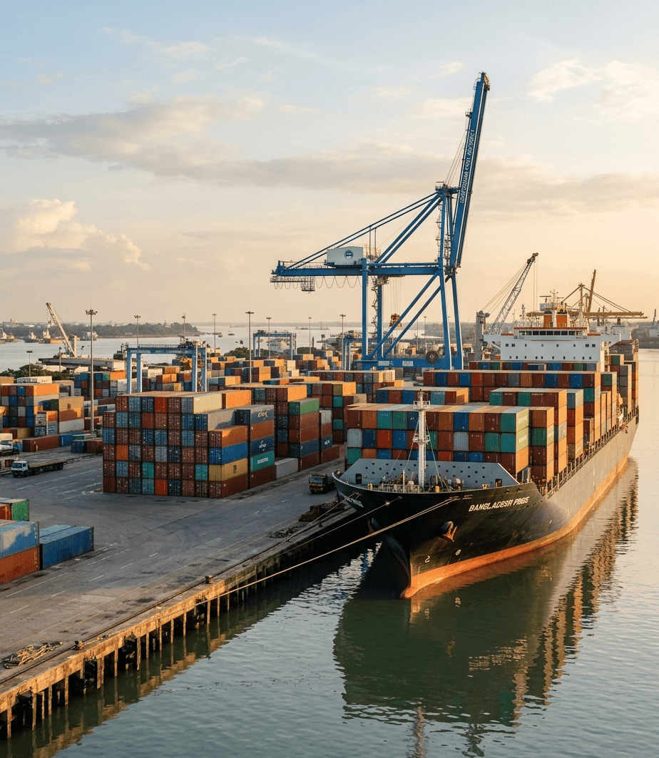 Container ship docked at Chattogram Port with stacked cargo containers and a gantry crane in the background