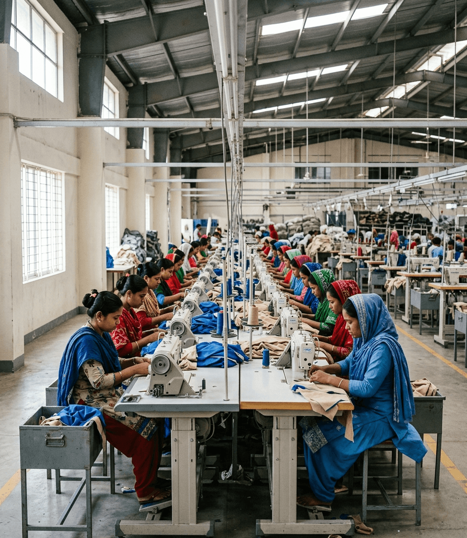 Garment workers at a long sewing line in a Bangladesh RMG factory