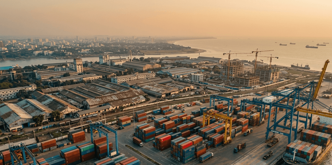 Aerial view of an industrial port in Bangladesh — representative of the sectors B-Compliance serves.